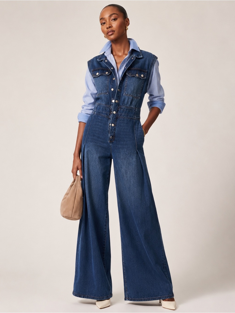 BUCKET LIST Dark Blue Wide-Leg Denim Jumpsuit only - EUC